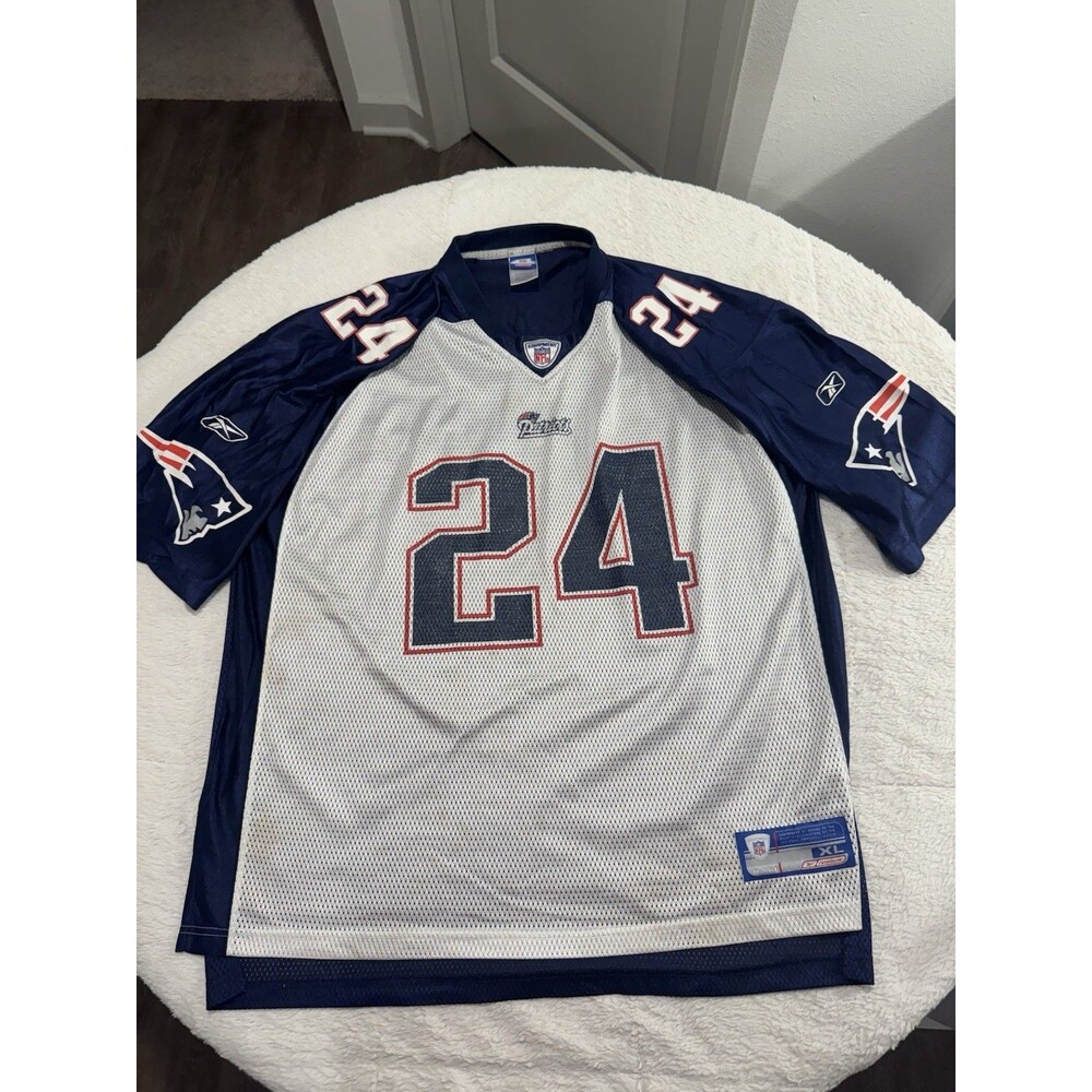 Vintage Patriots NFL #24 Ty Law On Field XL Reebok Jersey Silver Alternate Rare
